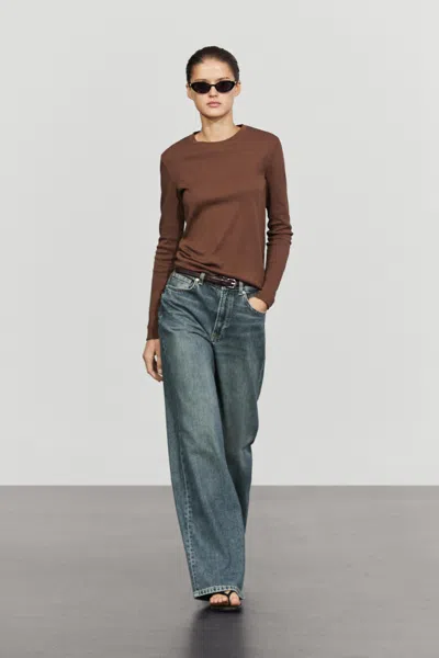 Massimo Dutti Maglietta A Maniche Lunghe 100% Cotone In Brown