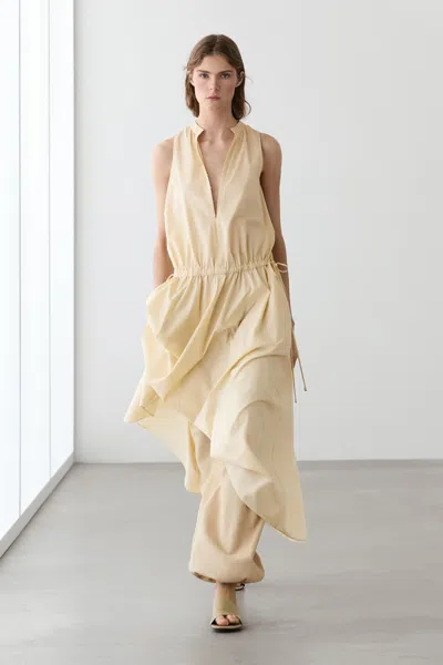 Massimo Dutti 100% Cotton Midi Dress With Elasticated Waist In Yellow