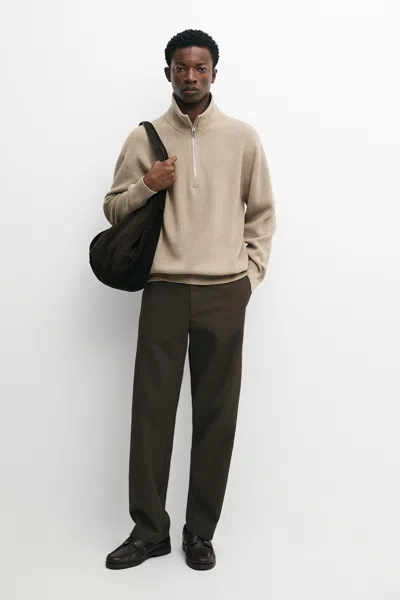Massimo Dutti 100% Cotton Mock Neck Knit Sweater In Beige