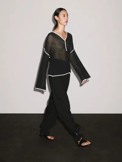 Massimo Dutti 100% Cotton Openwork Crochet Sweater In Black