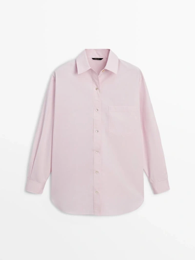Massimo Dutti 100% Cotton Poplin Shirt With Pocket In Pink
