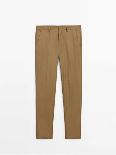 Massimo Dutti 100% Cotton Poplin Trousers In Beige