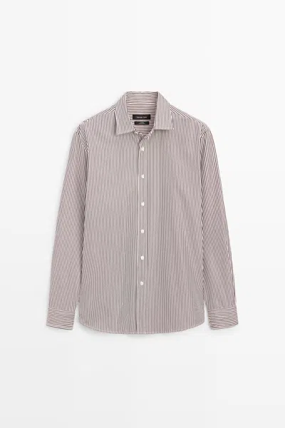 Massimo Dutti 100% Cotton Regular Fit Striped Shirt In Brown