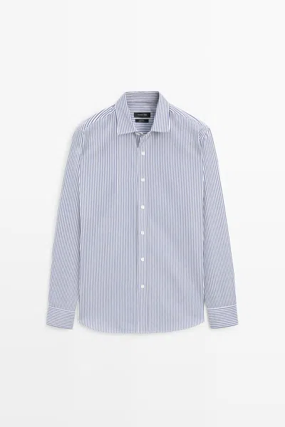 Massimo Dutti 100% Cotton Regular Fit Striped Shirt In Navy Blue
