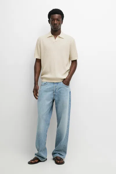 Massimo Dutti 100% Cotton Ribbed Knit Polo Sweater In Vanilla