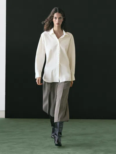 Massimo Dutti 100% Cotton Shirt With Button Details In White