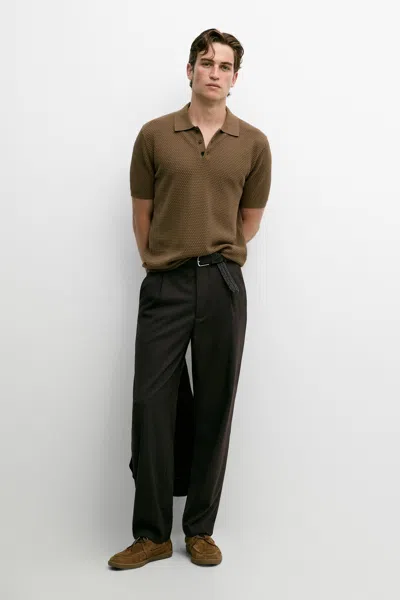 Massimo Dutti 100% Cotton Short Sleeve Knit Polo In Ochre