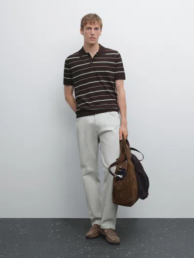 Massimo Dutti 100% Cotton Striped Knit Polo Shirt In Animal Print