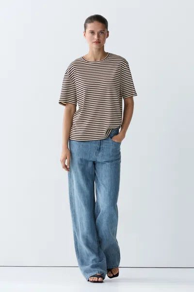 Massimo Dutti 100% Cotton Striped Short Sleeve T In Brown
