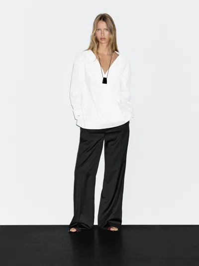 Massimo Dutti 100% Cotton Surplice Blouse In White