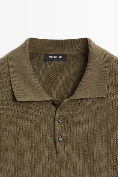 Massimo Dutti 100% Cotton Textured Knit Polo Sweater In Green