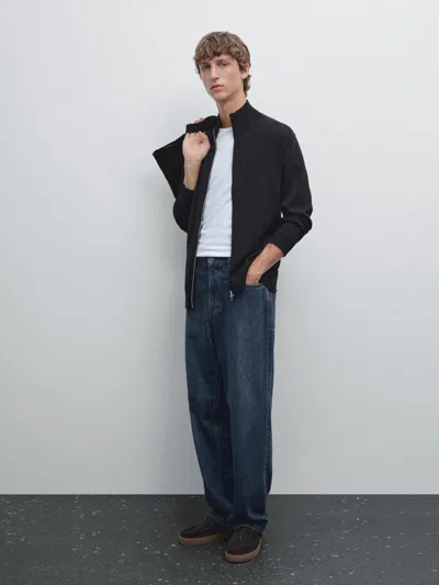 Massimo Dutti 100% Cotton Zip Cardigan In Black