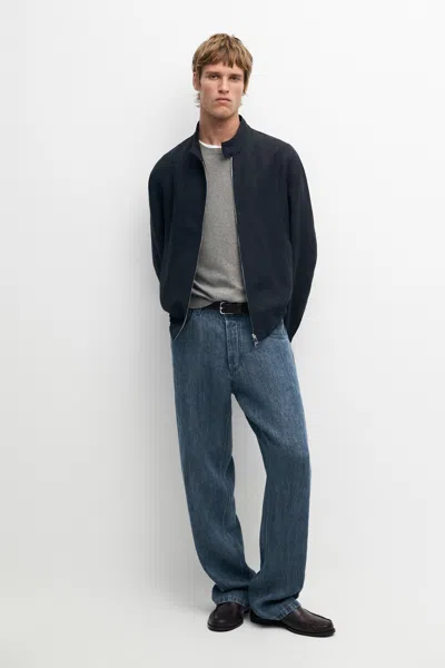 Massimo Dutti 100% Linen Band Collar Jacket In Blue