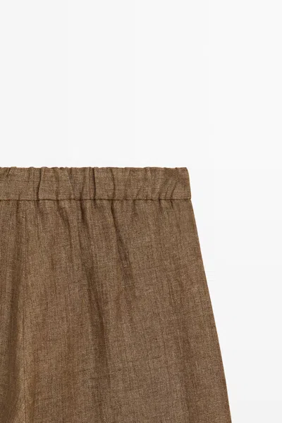 Massimo Dutti 100% Linen Barrel Fit Pants In Brown