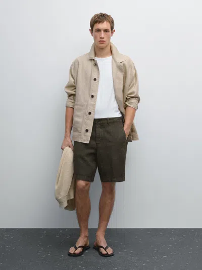 Massimo Dutti 100% Linen Bermuda Shorts In Green