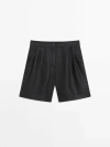 Massimo Dutti 100% Linen Bermuda Shorts With Double Darts In Black
