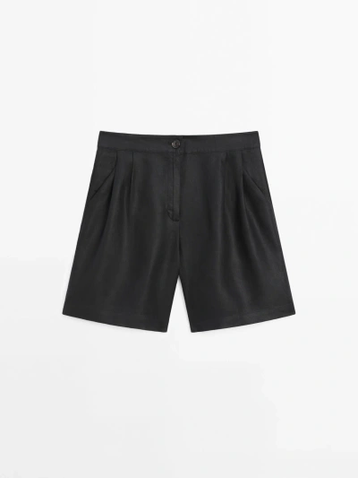 Massimo Dutti 100% Linen Bermuda Shorts With Double Darts In Black