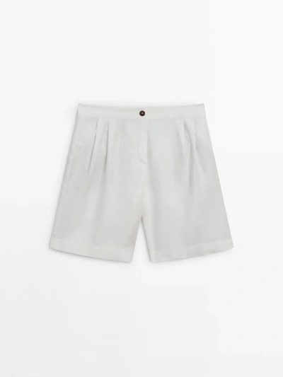 Massimo Dutti 100% Linen Bermuda Shorts With Double Darts In Cream