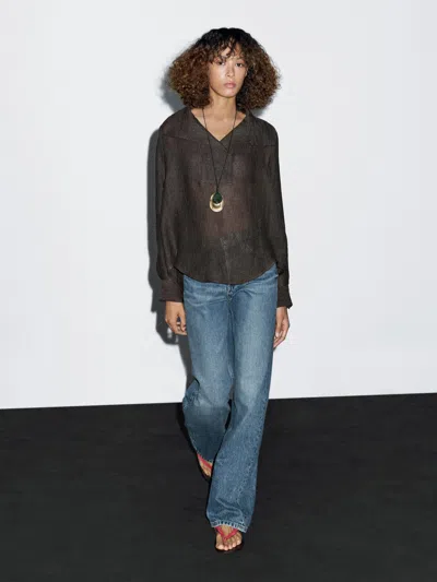 Massimo Dutti 100% Linen Blouse With Chest Detail In Blue