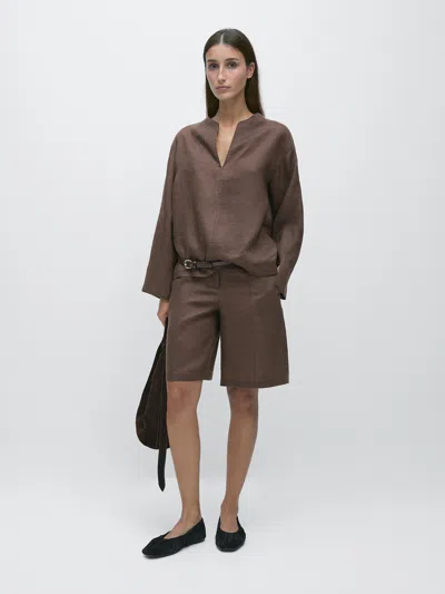 Massimo Dutti 100% Linen Blouse With Topstitching Detail In Brown