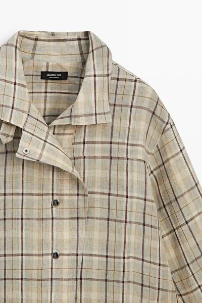 Massimo Dutti 100% Linen Check Snap Button Shirt In Blue
