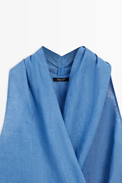 Massimo Dutti 100% Linen Crossover Halter Top In Blue