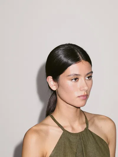 Massimo Dutti 100% Linen Crossover Halter Top In Green