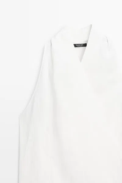 Massimo Dutti 100% Linen Crossover Top With Sash Detail In White