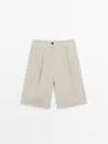 Massimo Dutti 100% Linen Darted Bermuda Shorts In Sand