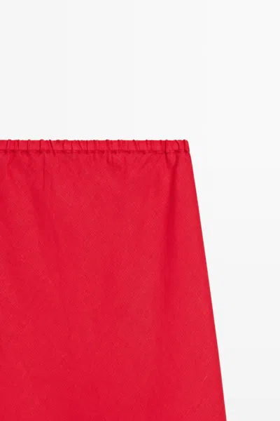 Massimo Dutti 100% Linen Elasticated Midi Skirt In Red