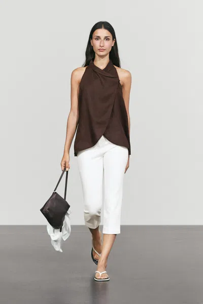 Massimo Dutti 100% Linen Flowing Halter Top In Brown