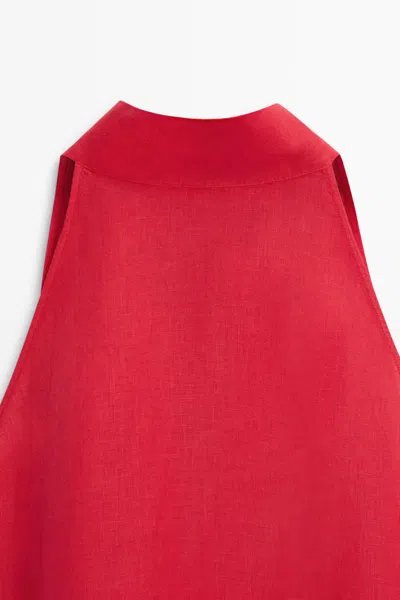 Massimo Dutti 100% Linen Flowing Halter Top In Red
