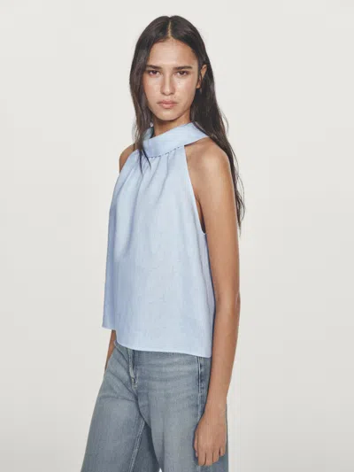 Massimo Dutti 100% Linen Halterneck Top In Blue