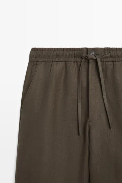 Massimo Dutti 100% Linen Herringbone Detail Pants In Green