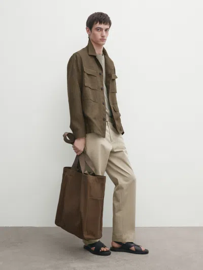 Massimo Dutti 100% Linen Jacket With Pockets In Helles Khaki