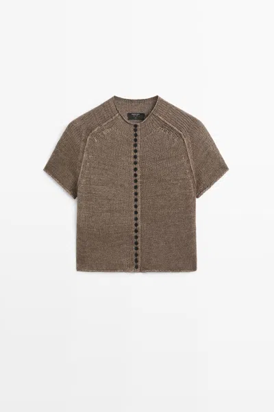 Massimo Dutti 100% Linen Knit Cardigan With Buttons In Gold