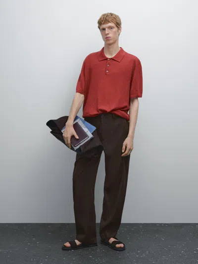 Massimo Dutti 100% Linen Knit Polo Shirt In Brown