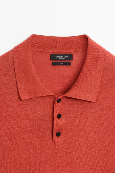 Massimo Dutti 100% Linen Knit Polo Shirt In Orange