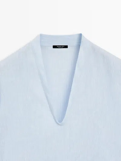 Massimo Dutti 100% Linen Long Sleeve Shirt In Blue