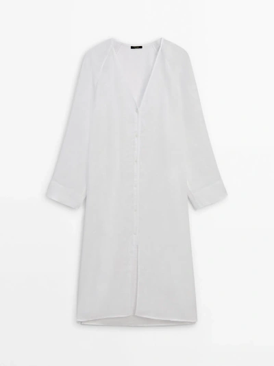 Massimo Dutti 100% Linen Maxi Oversize Blouse In White