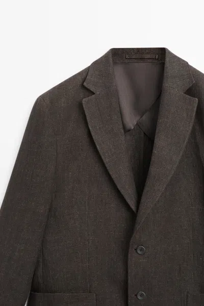 Massimo Dutti 100% Linen Melange Blazer In Gray