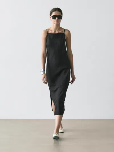 Massimo Dutti 100% Linen Midi Dress In Gold