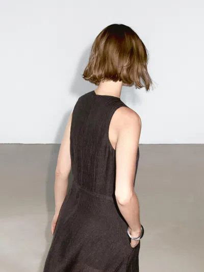 Massimo Dutti 100% Linen Midi Dress With Frayed Trims In Brown