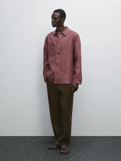 Massimo Dutti 100% Linen Overshirt With Pockets In Animal Print