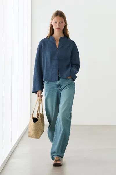 Massimo Dutti 100% Linen Overshirt With Toggle Details In Blue