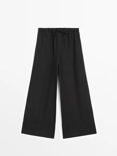 Massimo Dutti 100% Linen Palazzo Joggers In Black