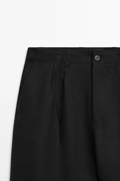Massimo Dutti 100% Linen Pants With Dart Detail In Black