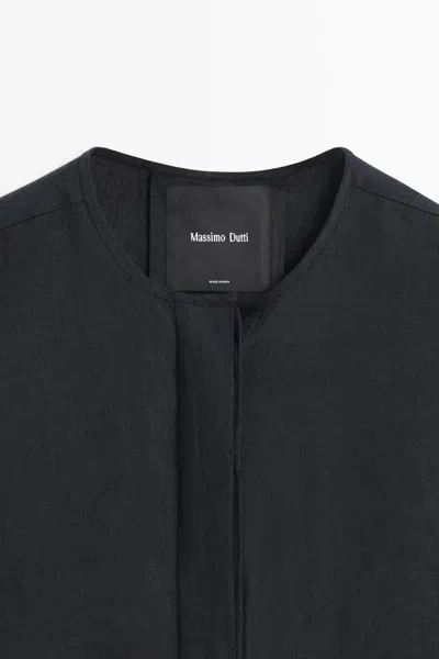Massimo Dutti 100% Linen Puff Bomber Jacket In Blue