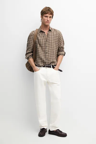 Massimo Dutti 100% Linen Regular Fit Check Shirt In Brown