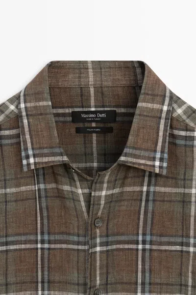 Massimo Dutti 100% Linen Regular Fit Check Shirt In Brown